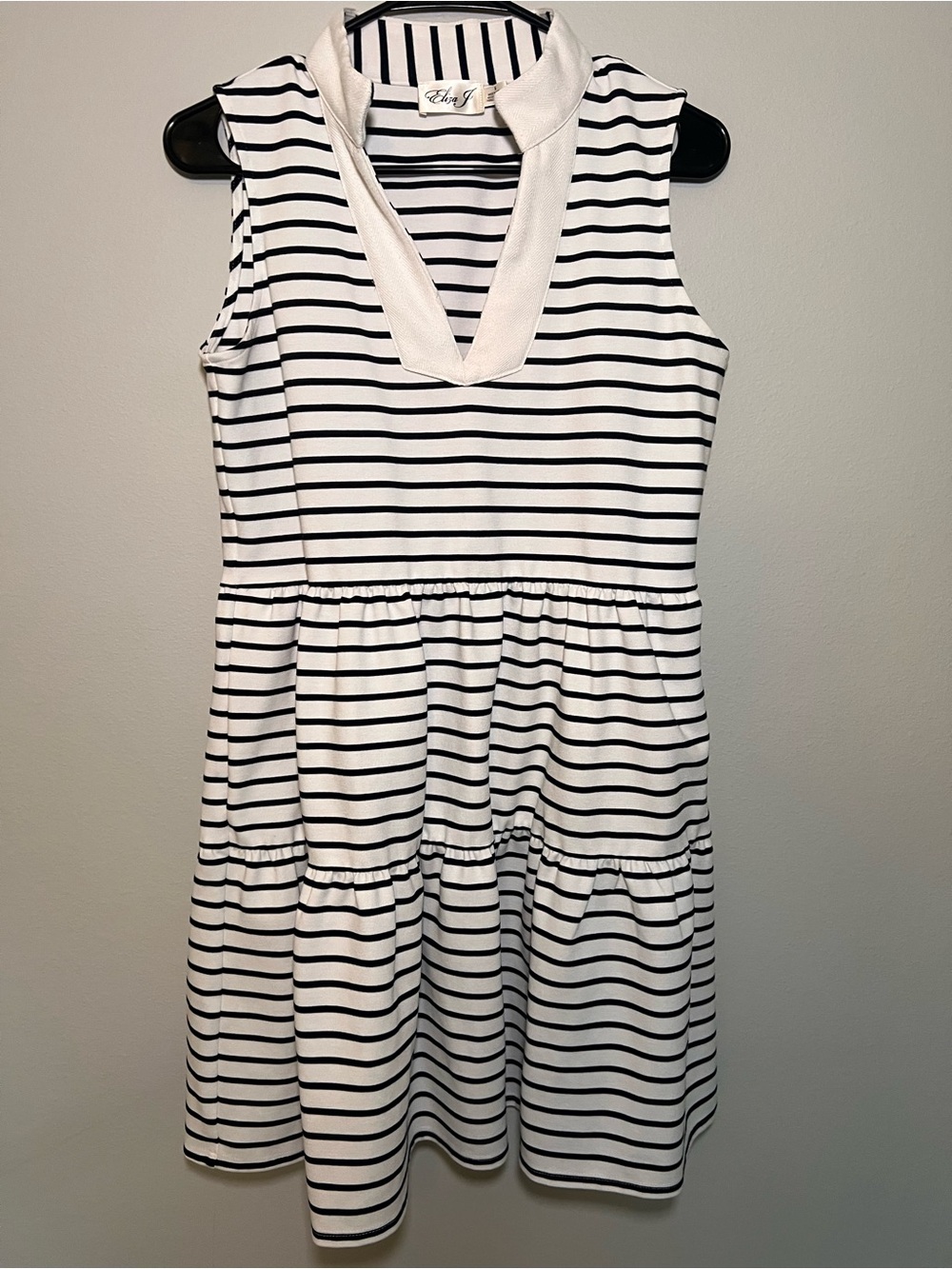 Eliza J White Dress with Navy Horizontal Stripes